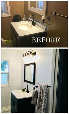 before and after pictures of a bathroom remodel with white countertops, black cabinets, and dark wood floors