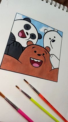 a drawing of three bears and two pandas with colored pencils next to them