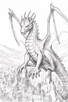 a black and white drawing of a dragon on top of a hill with buildings in the background