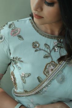 Embroidery Organza, Blouses Work, Ikkat Dresses, New Saree Blouse Designs, Latest Model Blouse Designs, Fashionable Saree Blouse Designs, Blouse Designs Silk, Saree Designs Party Wear, Pale Aqua