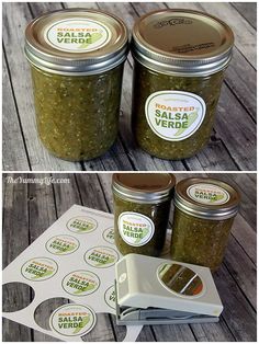 three jars filled with different kinds of food on top of a wooden table next to stickers