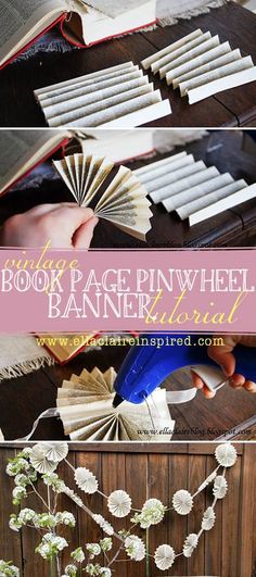 the book page pinwheel is being used to make paper flowers