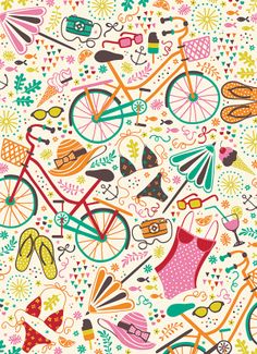 a colorful pattern with bicycles and swimsuits