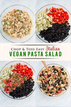 four bowls filled with different types of pasta and veggies in them, all labeled vegan pasta salad