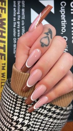 Brown French Tip Nails With White Line, Beige French Tip Nails Square, Brown Design Nails Acrylic, Light Brown Tip Nails, Nail Autumn Ideas, Brown Matte French Tip Nails, Brown Frenchies Nail, Pink And Brown French Tip Nails, Coffee French Tip Nails