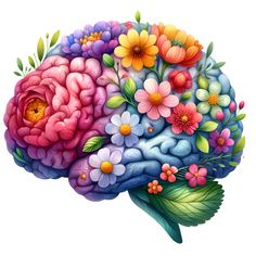 a drawing of a human brain with flowers on it