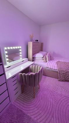 a bedroom with purple walls and carpeted flooring is lit up by lights on the dressers