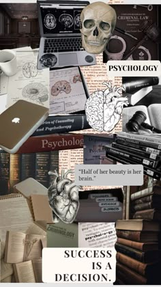 a collage of books, papers and skulls with the words'success is a decision '