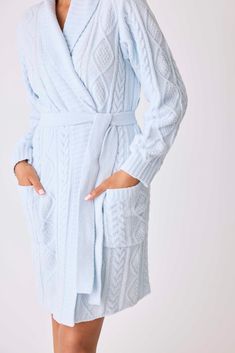 Wrap yourself in luxury with our Women’s Chenille Cozy Cable Shawl Collar Robe. Crafted from plush chenille with a beautiful cable texture, this robe offers unparalleled softness and warmth. The classic shawl collar provides an extra touch of comfort, while the tie-waist allows for a customizable fit. Perfect for lounging at home or unwinding after a long day, this robe combines style and coziness in one indulgent package. Light Blue Knit, Plush Robe, Capri Set, Flannel Men, Soft Robes, Blue Air, Bamboo Pajamas, Loungewear Luxury, Loungewear Sets