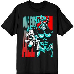 It's one for all with these popular anime characters and we know you'll love this My Hero Academia One for All anime mens black graphic tee shirt! The My Hero Academia anime cartoon All Might & Izuku fan apparel is a mens black short sleeve shirt made of 100% high-quality, premium cotton material and includes a short sleeve design that looks and feels great to wear in warm weather. The My Hero Academia anime Izuku & All Might One for All mens fan merchandise features a bright, bold graphic, prof My Hero Academia Anime, All Anime Characters, Black Shorts Men, One For All, Black Short Sleeve Shirt, Black Graphic Tees, Anime Cartoon, Popular Anime, All Anime