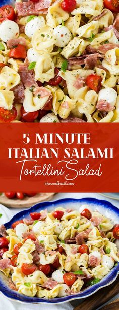 three different types of pasta salads with text overlay that reads 3 minute italian saami tortellini salad