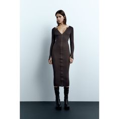 Dress With Round Collar With V-Neck Front And Long Sleeves. Front Closure With Hooks. S4 Brown V-neck Midi Dress For Winter, Winter Brown V-neck Midi Dress, Fitted Brown Sweater Dress With V-neck, Stretch V-neck Midi Dress For Winter, Winter V-neck Stretch Midi Dress, Winter Stretch V-neck Midi Dress, Zara Stretch Midi Dress With V-neck, V-neck Ribbed Midi Dress For Party, Ribbed V-neck Midi Dress For Date Night