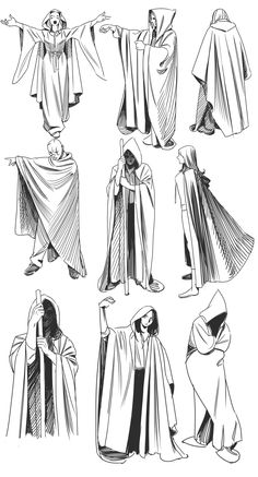 six different types of cloaks in various poses and sizes, all drawn by hand