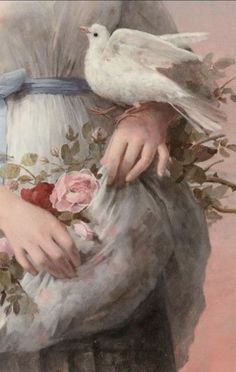 a painting of a woman with two birds on her shoulder and roses in her purse