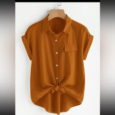 Color: Ginger Casual Plain Short Sleeve Roll Up Sleeve Regular Non Stretch Fabric Chiffon Tops Blouses Classy, January Outfit, Dip Hem Blouse, Corporate Shirts, Chiffon Shirt Blouse, Chiffon Blouses, High Low Shirt, Afrikaanse Mode, High Low Blouse