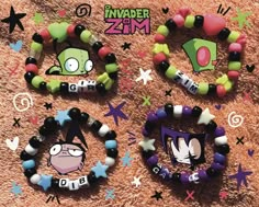 Kandi based on Invader Zim! Zim, Gir, Dib Membrane, and Gaz Membrane, as well as any other custom character!! PLUR (*'ω'*) Some of my kandi is one of a kind, as I recycle some beads from bracelets I purchase 2nd hand. I will probably redesign each bracelet as I run out of beads. Yours may look a little different than the pictures but will use the same colors! Order these as they are, or feel free to message about changing or adding colors/beads. Also feel free to DM about customs! Kandi is stretchy & will fit most wrists, please specify the size you'd like if needed. Kandi Invader Zim, Gir Bracelet Kandi, Sanrio Kandi Bracelets, Invader Zim Bracelet, Gir Kandi Cuff Pattern, Scenecore Bracelets, Scene Bracelets Kandi, Emo Kandi Bracelets, Kandi Bracelets Cuff