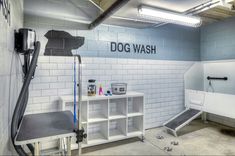 the dog wash room is clean and ready to be used for grooming or bathing