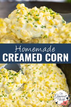 homemade creamed corn in a bowl with a spoon and text overlay that reads homemade creamed corn