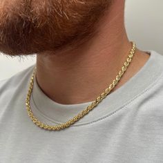 "23K Gold Plated Italian made 925 Sterling Silver 5mm Rope Chain. Close links and a super strong lobster clasp, this chain will survive the test of time! Also available in 925 Sterling Silver with Rhodium Plating! Now made with an extension cable to fit all sizes :) Extension cable is 5cm! DETAILS Thickness: 5MM Weight: 18\": 34g / 20\": 37g Closure: Stamped Lobster Clasp Materials: Italian 925 Sterling Silver / 23K Gold Plating Link Style: Twisted Rope Packed in a Twistedpendant Jewellery Pouch Mens Gold Chains, Mens Necklace Gold, Men's Necklace Gold, Mens Gold Chain Necklace, Gold Necklace For Men, Etsy Jewellery, Mens Chain, Gold Cuban Link Chain, Hype Clothing