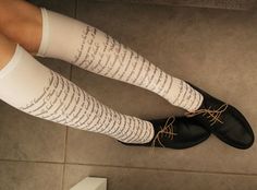 White under-knee socks. Beautiful handmade and unique socks with Pride and Prejudice text. The print on the front of the socks. All socks are one size. Each pair is hand-printed to order so it can be different from another. Denier: 70. Materials: 90% polyamide (nylon), 10% elastane (lycra). You can see also opaque tights with this text here : https://www.etsy.com/il-en/listing/261731037/pride-and-prejudice-jane-austen-tights?ref=shop_home_active_6 Washing Instructions: hand wash in cold water,no Tattoo Tights, Nylon Socks, Unique Socks, Printed Tights, Opaque Tights, Colorful Socks, Knee Socks, Womens Casual, Pride And Prejudice