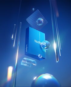 a blue box with the word togett hanging from it's side, surrounded by other objects