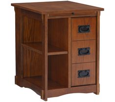 a wooden cabinet with three drawers on one side and an open drawer on the other