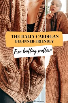 the dala cardigan knitting pattern is shown in three different pictures, with text overlay