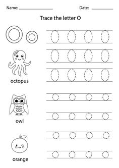 trace the letter o worksheet with an owl and an octopus on it,