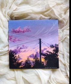 a painting of power lines and trees against a purple sky with clouds in the background