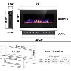 the measurements for an electric fireplace with built in heater and remote control, shown from front to back