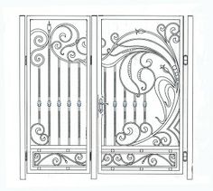 a drawing of an iron gate with decorative designs on the front and side panels, which are