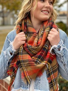 Plaid Scarf,  Oversized Plaid Tartan, Lightweight Winter Wrap, Christmas Gift Under 20 Dollars.    This season's must-have accessory! Pair it with your favorite sweater or shirt and jeans.  › triangle cut, less bulky and perfect for teens and pre-teens ›approximately 72 x 43 x 43 › hand cut with frayed edges › cozy and durable cotton/acrylic blend fabric › hand wash cold, hang to dry › unisex Colors vary on individual computer monitors as well as lighting during photography Plaid Scarf Outfit, Fall Scarf, Winter Wrap, Christmas Gift For Him, Scarf Outfit, 20 Dollars, Fall Scarves, Christmas Gifts For Him, Favorite Sweater