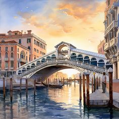 a painting of a gondola bridge over a canal in venice, italy at sunset