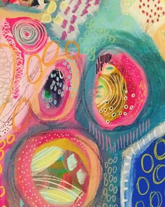 an abstract painting with lots of different colors and shapes on it's surface, including circles