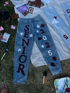 #classof2025 Class Of 23 Jeans, Class Of 2024 Painted Jeans, Class Of 23 Senior Pants, Senior Jeans Painted 2023 Blue, Senior Jeans Painted 2025 Ideas, 2025 Jeans Senior, Senior Year 2025, Senior Jeans Ideas, Senior Year Jeans