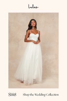 a woman in a white wedding dress with the words shop the wedding collection