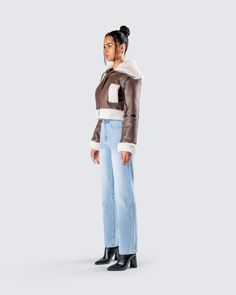 The perfect fit to take them on an adventure 😏 Be ready for any occasion in this two-piece set featuring a brown vegan leather bomber jacket and a pair of blue denim straight leg jeans 🤎 Jeans Models, Cargo Pant, Straight Leg Jeans, Leg Jeans, Vegan Leather, Blue Denim, Bomber Jacket, Straight Leg, Perfect Fit