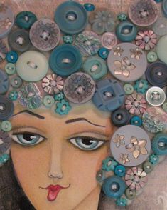 a painting of a woman with buttons on her head