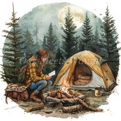 a watercolor painting of a woman sitting next to a campfire reading a book