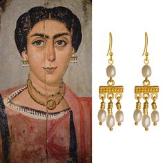 These beautiful dangle earrings are inspired by the Crotalia earrings that were very common in ancient Roman times as documented in the Fayum mummy portraits. Earrings are 24k gold plated accented with four white-ish freshwater cultured pearls. Handcrafted. Arabic Earrings, Roman Earrings, Ancient Earrings, Ancient Jews, Ancient Clothing, Ancient Roman Jewelry, Byzantine Gold, Ancient Greek Jewelry, Ancient Jewels