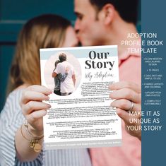 a man and woman kissing while holding up a book cover for their story, with the text our story on it