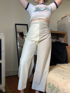 Unique & one of a kind pants. Only worn a few times. Can be worn fastened in front or back.  Waist: 16 Rise: 16 Hip: flexible depending on desired fit (shown on 42" hip) Inseam:25.5 White Full Length Pants With Belt Loops, White Full-length Bottoms With Belt Loops, Fitted Summer Pants With Belt Loops, Fitted Pants With Belt Loops For Summer, Fitted Cotton Trousers, Fitted Wide Leg Bottoms With Belt Loops, Fitted Cotton Pants, Fitted Full-length Cotton Pants, Fitted Full Length Cotton Pants