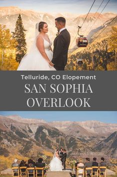 a bride and groom standing in front of a mountain with the words telluride, co