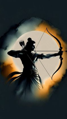 the silhouette of a person holding a bow and arrow in front of a full moon