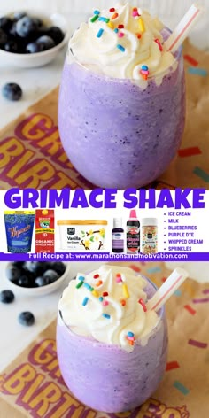 Grimace shake and ingredients. Homemade Grimace Milkshake, Easy Yummy Smoothies, Diy Grimace Milkshake, Easy Breakfast For Kids To Make, Purple Food Recipes, Frozen Drinks For Kids, Kids Drinks Recipes, Grimace Shake Recipe, Easy Homemade Drinks