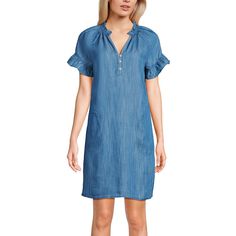 You'll love the breezy summer style of this Chambray Short Sleeve Shift Dress from Lands' End.Click on this WOMEN'S GUIDE to find the perfect fit and more! You'll love the breezy summer style of this Chambray Short Sleeve Shift Dress from Lands' End.Click on this WOMEN'S GUIDE to find the perfect fit and more! FEATURES Shift silhouette Y-neck 3-button front Short ruffle sleeves 2 pockets Straight hem UnlinedFIT & SIZING Easy drapey fit 36-in. length from shoulder to hem Mini length hits at the t Plus Size Shorts, Ruffle Sleeves, Dress Clothes For Women, Plus Size Tops, Lands End, Summer Style, Chambray, Plus Size Dresses, Shift Dress