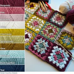 the crochet granny blanket is next to yarn and knitting needles