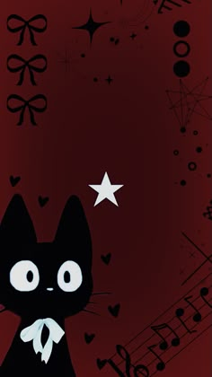 a black cat sitting on top of a red floor next to musical notes and stars