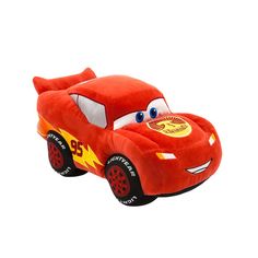 a red toy car with lightning bolt on it