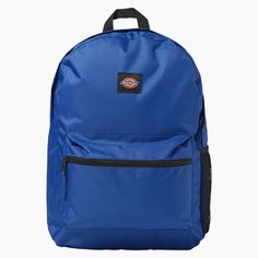 a blue backpack with black straps and a logo on the front, sitting against a white background